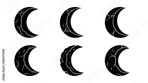 Black and white crescent moons set phases and symbolic representation