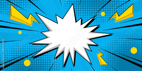 Blue pop art comic explosion background with blank white speech bubble, lightning bolts, and halftone dots in dynamic comic book style. Perfect for banners, posters, ads, speech text, promotions.