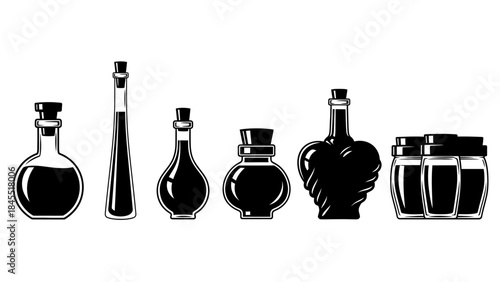 Black and white vector illustration of different bottles with corks