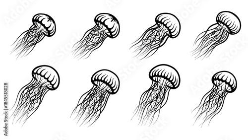 Black and white vector illustration of swimming jellyfish in a seamless pattern