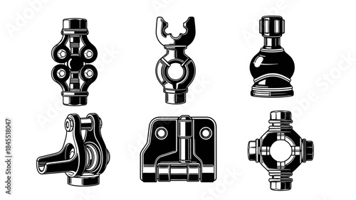 Black and white vector illustration of various mechanical components isolated