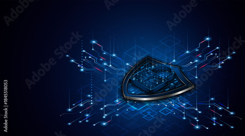 Cyber ​​security concept with shield symbol and lock. Data protection and cyber privacy. Innovative concept of advanced safety technology
