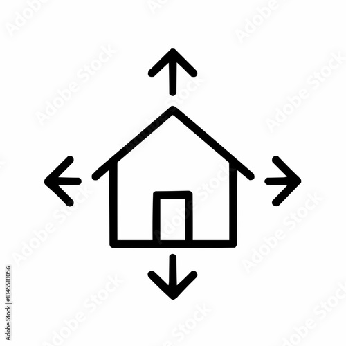 Line icon of a house with multiple arrows — airflow inspection, black on white, square minimalist style