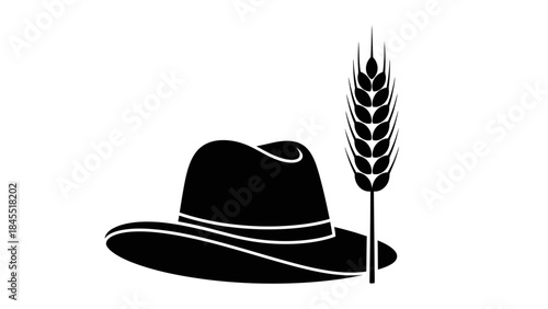 Black hat and wheat spike symbol on white background for design