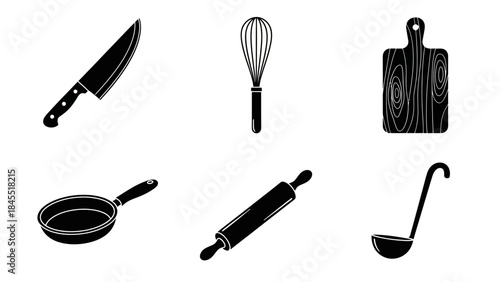 Black kitchen utensils set isolated on white background for culinary usage