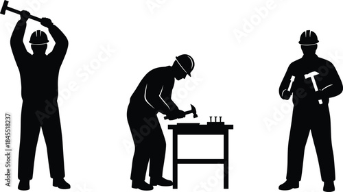 Silhouettes of construction workers using hammers, performing manual tasks, striking tools, and working at a bench, industrial laborers in safety helmets.