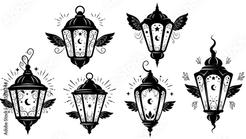 Black lanterns illustrations with celestial designs and stylized wings