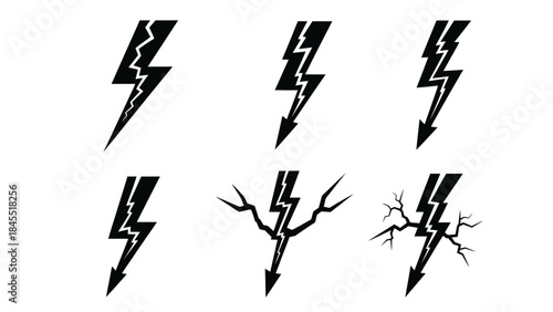 Black lightning bolt set vector illustrations energy power isolated symbols