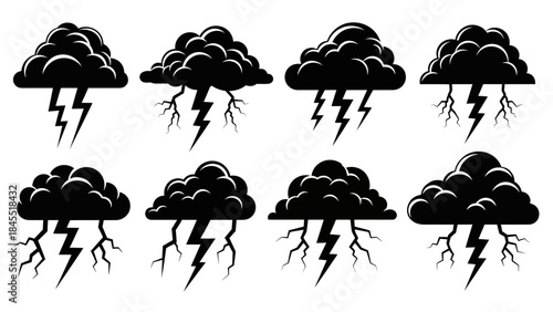 Black storm cloud illustrations with lightning bolts weather concept design elements