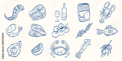 Seafood and Mediterranean food set in clean line art featuring fish, shrimp, crab, octopus, oysters, herbs, olives and wine elements. Perfect for menus, packaging and coastal culinary projects