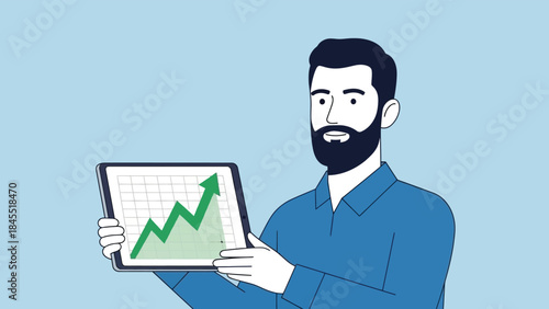 Man holding tablet with green chart graph