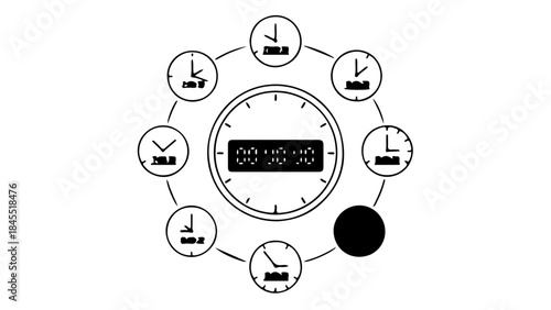 Precise Time: A minimalist digital clock, surrounded by analog clock faces, shows a moment of accuracy and technological integration, representing the passage of time.