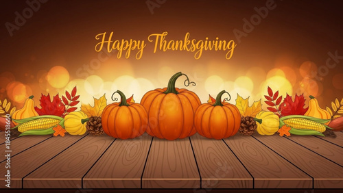 Thanksgiving Celebration: A festive tableau of autumnal elements, centered around plump pumpkins and harvest bounty, celebrates the spirit of Thanksgiving with warm colors and a rustic wooden surface.