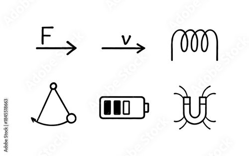 Collection of hand-drawn science and physics icons on a white background