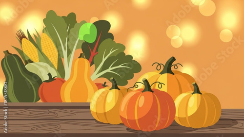 Autumn's Abundance: A vibrant harvest display of pumpkins and gourds, accompanied by fresh vegetables, celebrates the season's bounty.