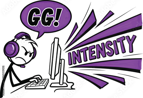 gamer with purple headphones on computer screen