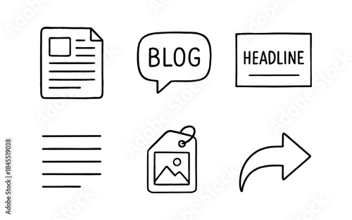 Doodle icons representing blog post elements like text, headline, and sharing