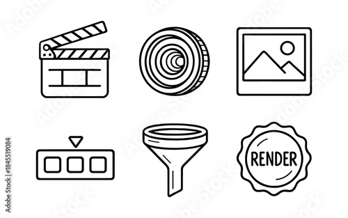 Set of six simple outline icons representing video editing and media production elements