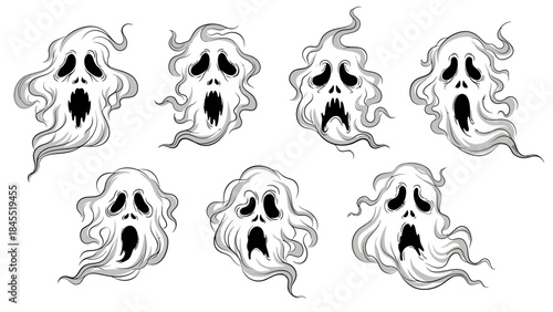 Cartoon ghost characters displaying diverse expressions against white background