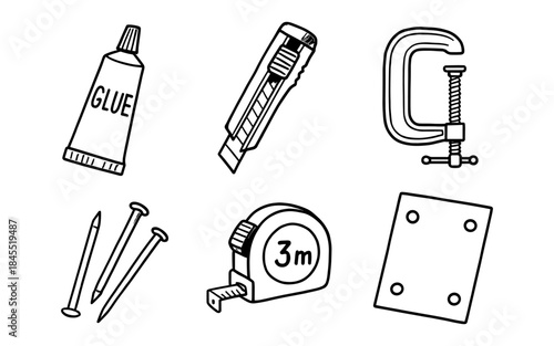 Collection of hand-drawn tools and supplies for DIY projects and repairs