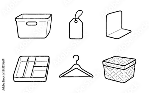 Set of six simple line art icons representing home organization and storage solutions