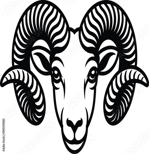 Ram Head Vector Illustration – Symmetrical Minimalist Logo with Curved Horns