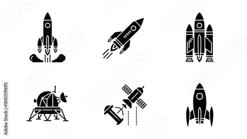 Collection of spacecraft icons rocket satellite and lunar module designs