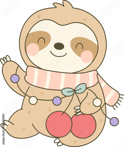 Waving Sloth with Christmas Lights and Striped Scarf Holding Cherries