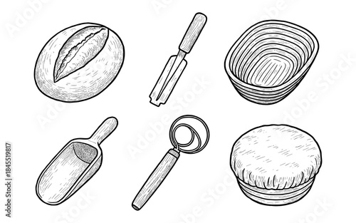 Hand-drawn illustration of baking tools and bread, perfect for artisanal bakery themes