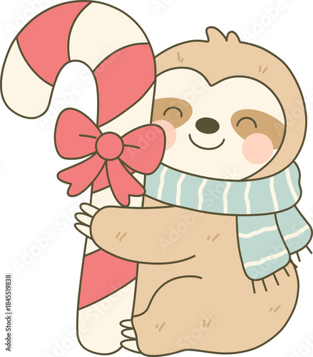 Smiling Sloth Hugging a Giant Candy Cane with Pink Bow and Striped Scarf