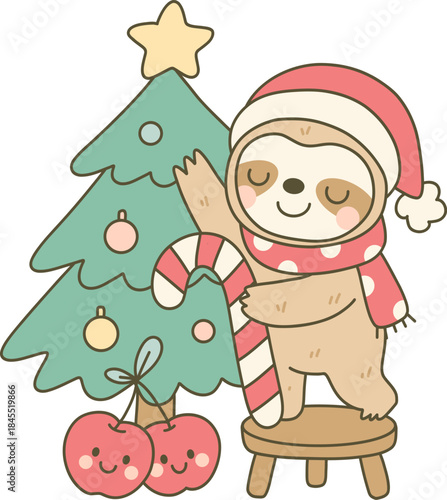 Sloth Decorating Christmas Tree with Candy Cane and Santa Hat
