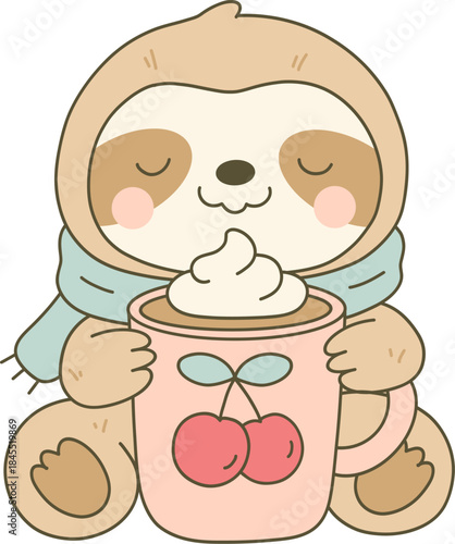 Sloth in Scarf Holding Hot Chocolate or Coffee Mug with Whipped Cream