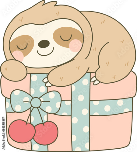 Sleeping Sloth on a Wrapped Christmas Present with Blue Bow and Cherries