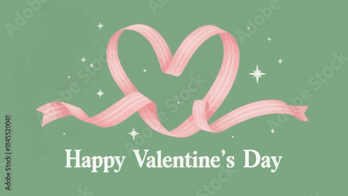 Valentine's day celebration with intertwined pink heart ribbons on green background with sparkles
