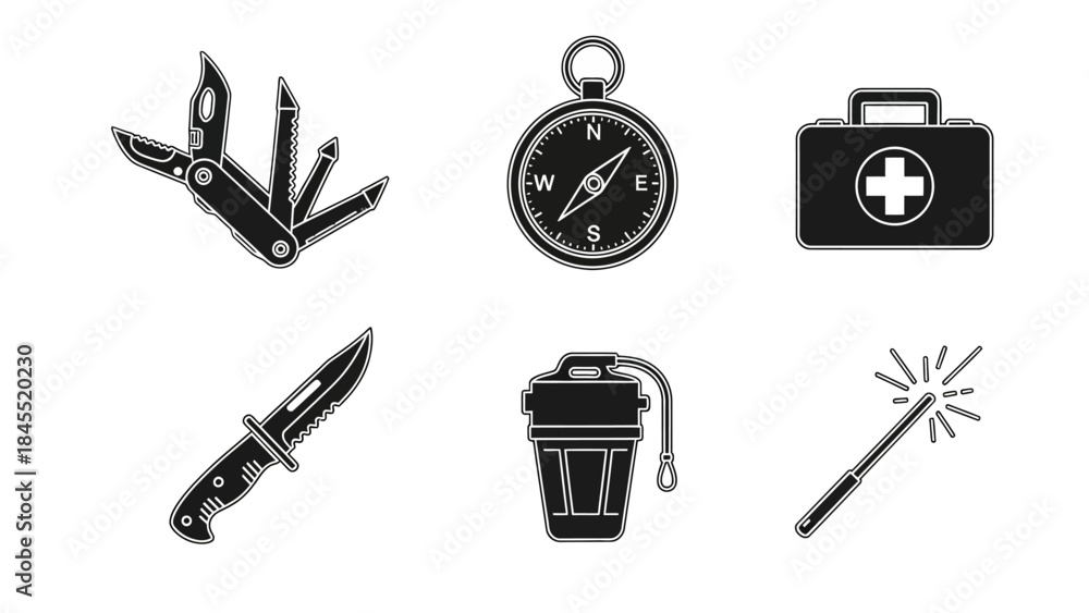 Fototapeta premium Essential survival tools knife compass first aid kit and more illustrated