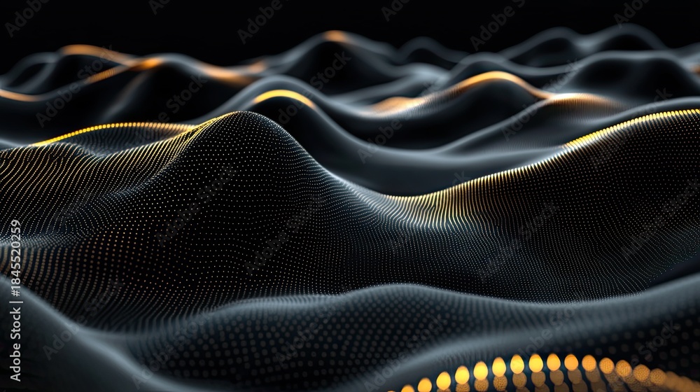 Naklejka premium Digital wave pattern forms an abstract undulating surface of illuminated particles, illustrating advanced technology, data visualization, and energy flow in a dark environment