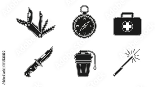 Essential survival tools knife compass first aid kit and more illustrated