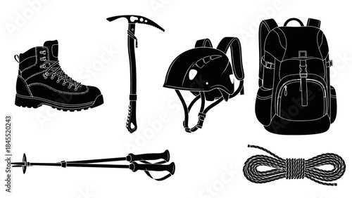 Essential climbing and hiking gear silhouettes for outdoor adventures