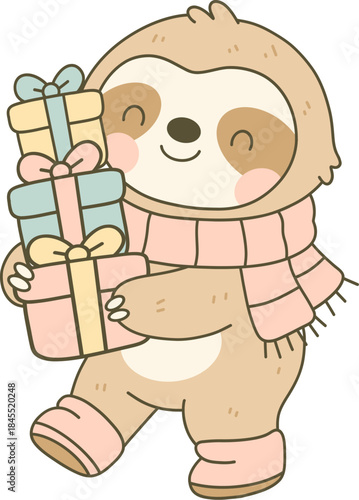 Cartoon Sloth Walking and Carrying Stack of Christmas Presents, Holiday Gift Clipart
