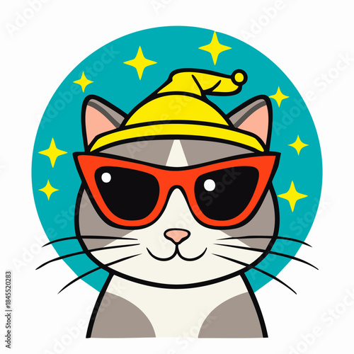 Stylized Cartoon Cat with Sunglasses and Yellow Hat in Flat Vector Illustration
