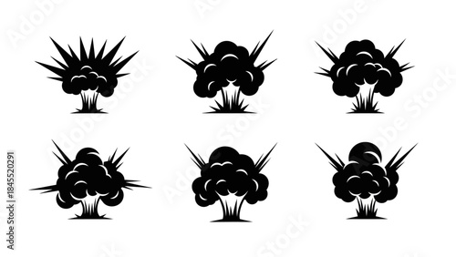 Explosion silhouettes set black shapes of blasts and bursts on white background