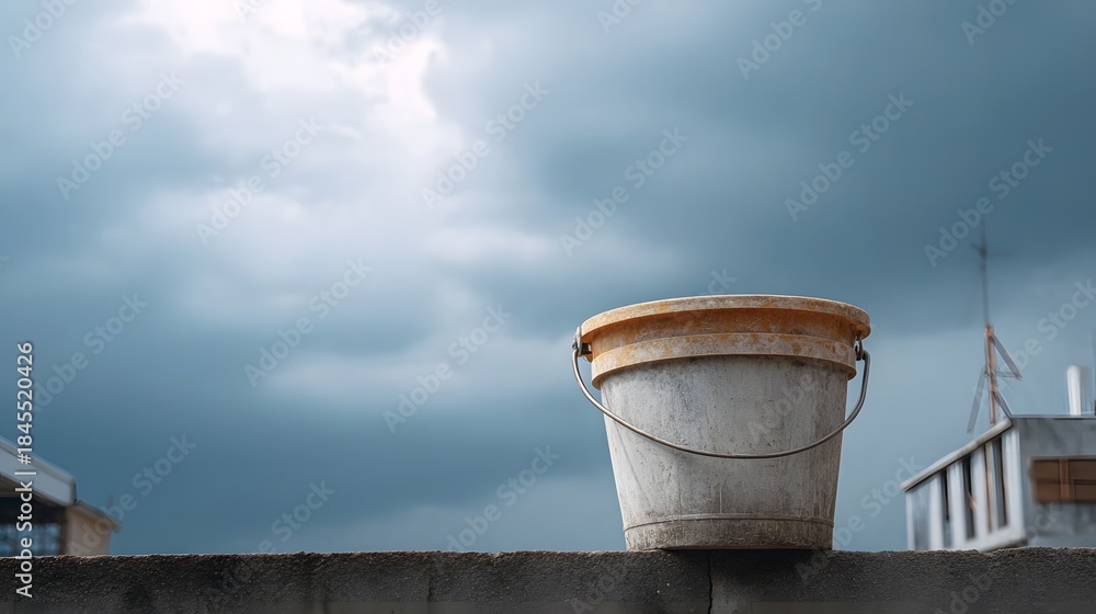 Naklejka premium A weathered bucket sits on a concrete wall against a dramatic overcast sky