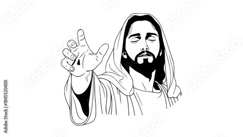 Symbolic religious vector illustration of Jesus hand reaching out, no face visible, biblical robe sleeve, spiritual and peaceful mood, clean vector art, soft shadows, isolated on light background