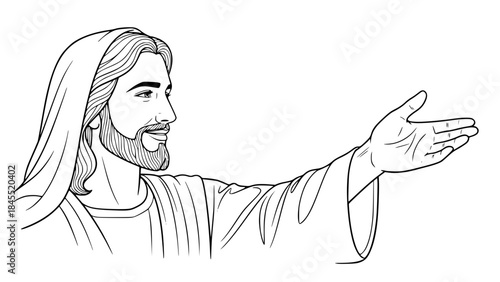 Symbolic religious vector illustration of Jesus hand reaching out, no face visible, biblical robe sleeve, spiritual and peaceful mood, clean vector art, soft shadows, isolated on light background