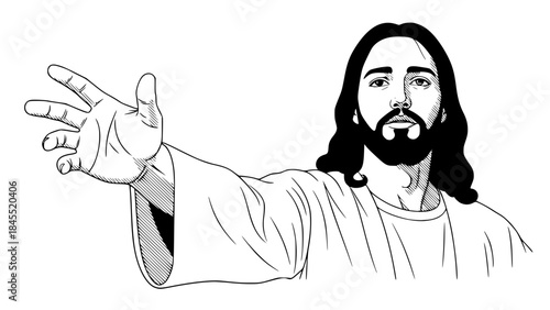 Symbolic religious vector illustration of Jesus hand reaching out, no face visible, biblical robe sleeve, spiritual and peaceful mood, clean vector art, soft shadows, isolated on light background