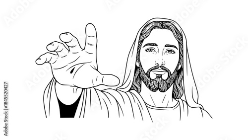 Symbolic religious vector illustration of Jesus hand reaching out, no face visible, biblical robe sleeve, spiritual and peaceful mood, clean vector art, soft shadows, isolated on light background