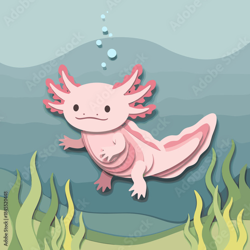 Cute axolotl swimming among aquatic plants in a colorful underwater scene  