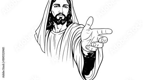 Symbolic religious vector illustration of Jesus hand reaching out, no face visible, biblical robe sleeve, spiritual and peaceful mood, clean vector art, soft shadows, isolated on light background