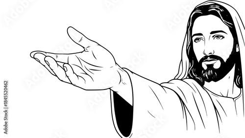 Symbolic religious vector illustration of Jesus hand reaching out, no face visible, biblical robe sleeve, spiritual and peaceful mood, clean vector art, soft shadows, isolated on light background