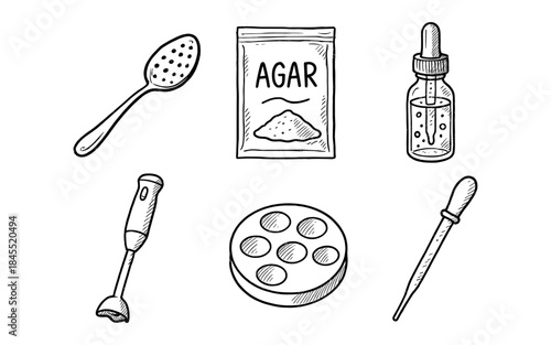 Hand-drawn scientific laboratory equipment and ingredients for experiments